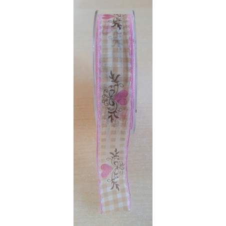 Dekoband Karo/Herz  beige-rosa