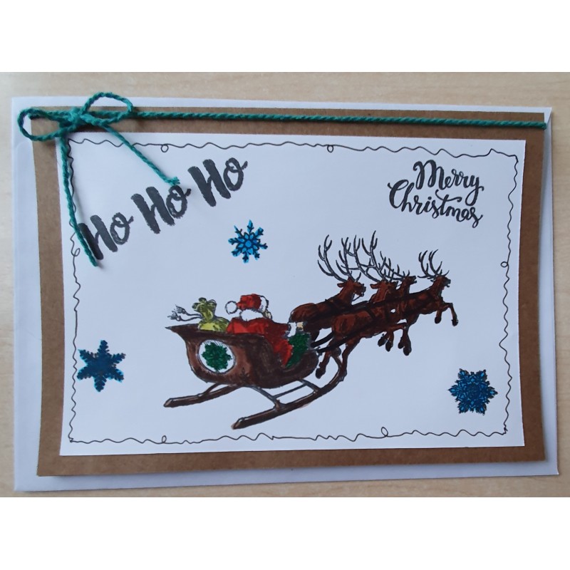 Weihnachtskarte Schlitten/Rentiere grün