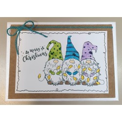 Weihnachtskarte drei Wichtel/Lichterkette türkis