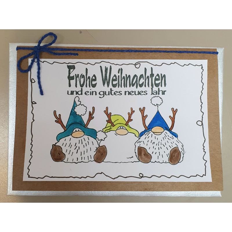 Weihnachtskarte drei Rentierwichtel blau