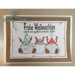 Weihnachtskarte drei Rentierwichtel hellblau