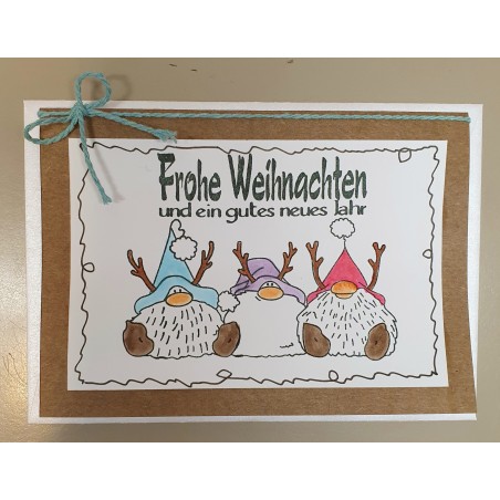 Weihnachtskarte drei Rentierwichtel hellblau