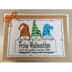 Weihnachtskarte drei Wichtel orange