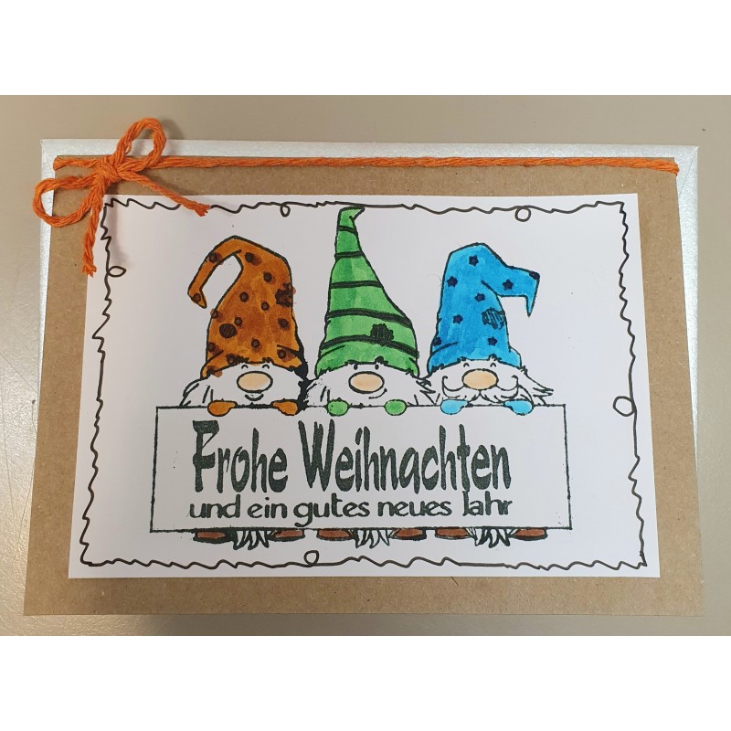 Weihnachtskarte drei Wichtel orange