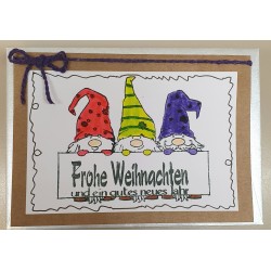 Weihnachtskarte drei Wichtel violette