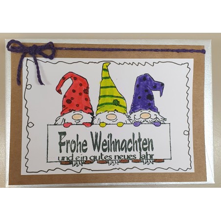 Weihnachtskarte drei Wichtel violette