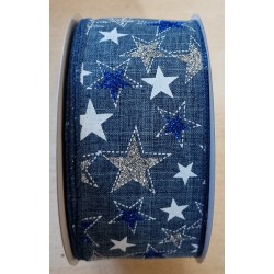 Dekoband Sterne jeansblau mit Drahtkante
