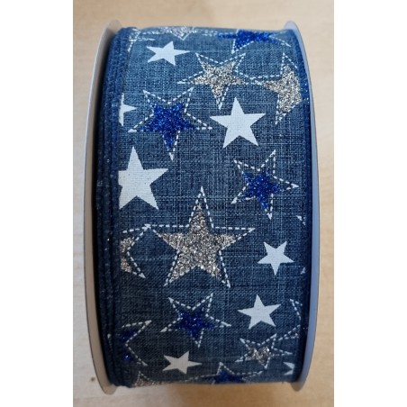 Dekoband Sterne jeansblau mit Drahtkante