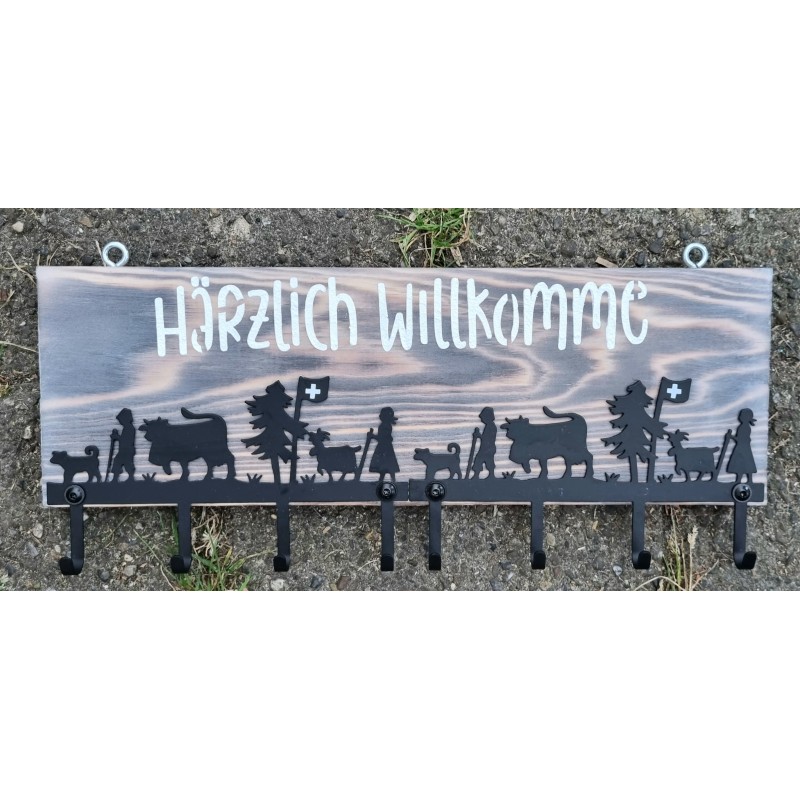 Schlüsselbrett Alpaufzug weiss Härzlich Willkomme
