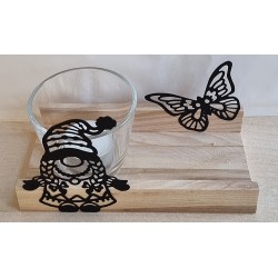 Teelicht Holz/Glas  Wichtel/Schmetterling