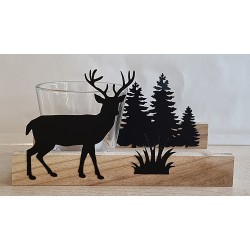 Teelicht Holz/Glas Hirsch/Wald