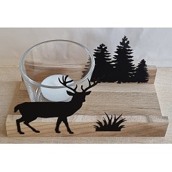 Teelicht Holz/Glas Hirsch/Wald