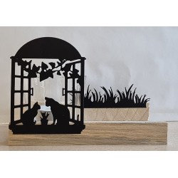 Teelicht Holz/Glas Katzen