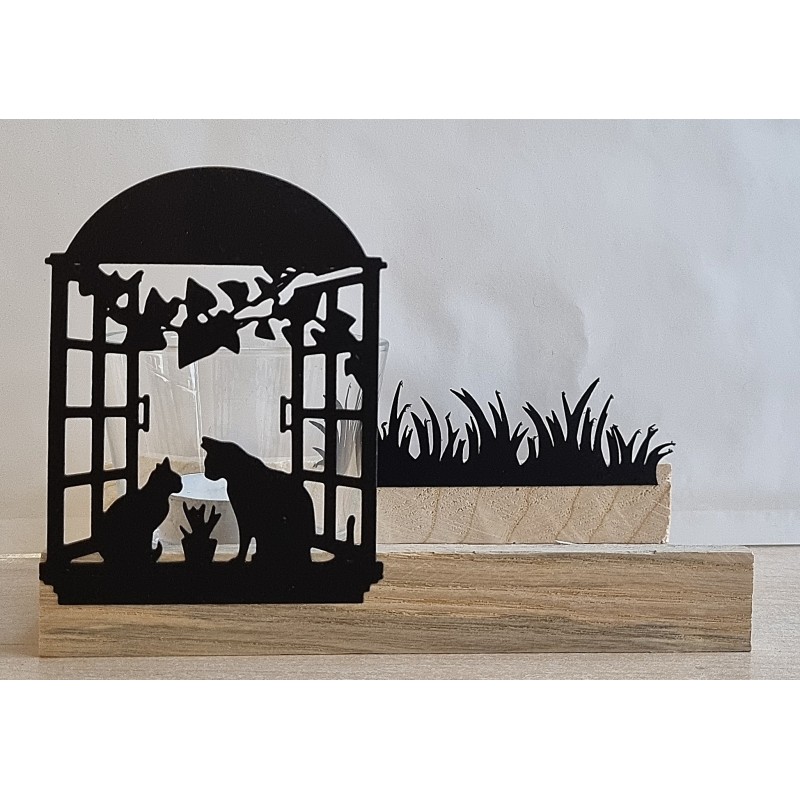 Teelicht Holz/Glas Katzen