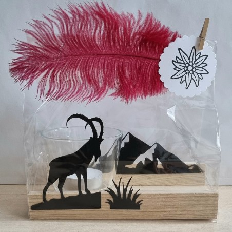 Teelicht Holz/Glas  Steinbock/Berge