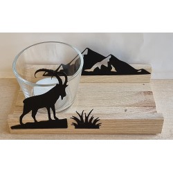 Teelicht Holz/Glas  Steinbock/Berge
