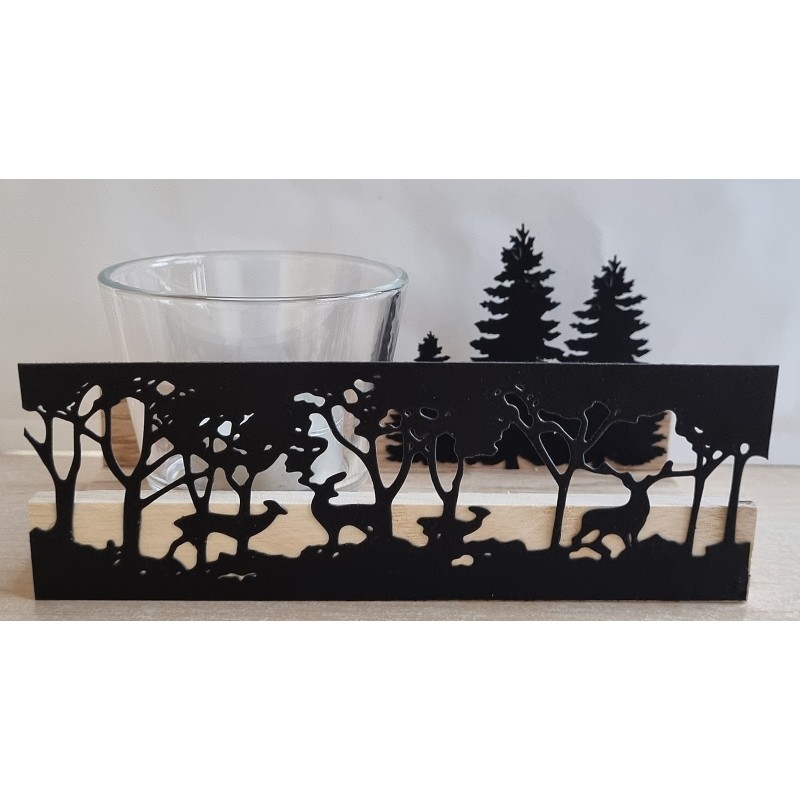 Teelicht Holz/Glas  Hirsche/Wald