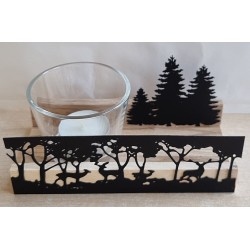 Teelicht Holz/Glas  Hirsche/Wald