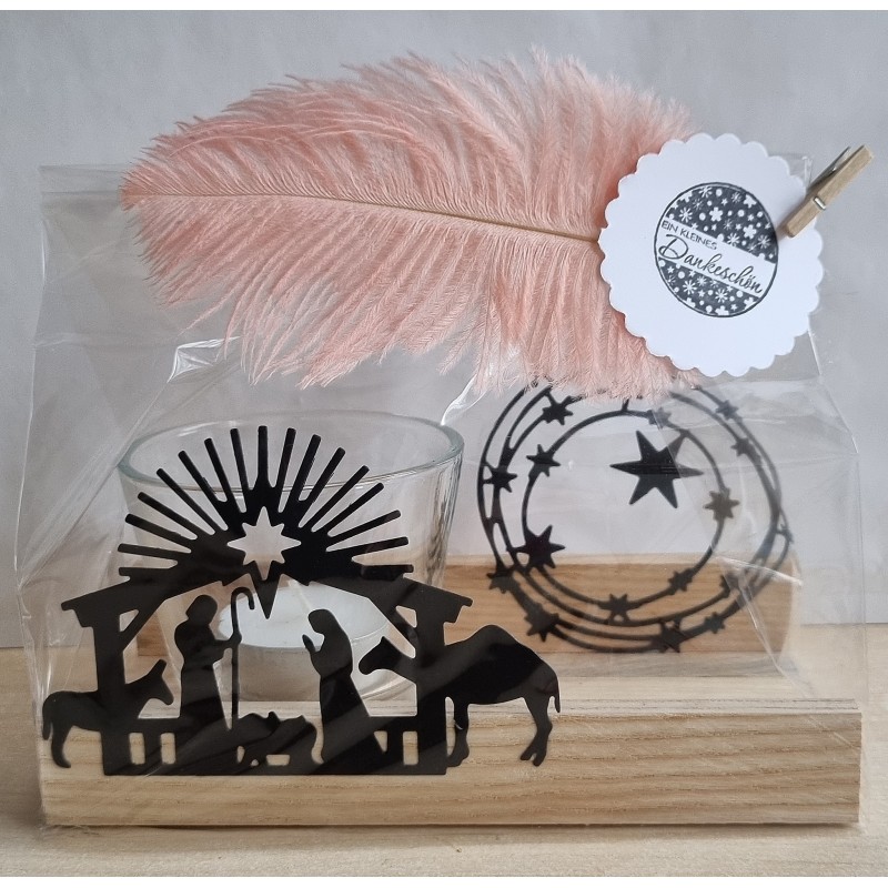 Teelicht Holz/Glas  Krippe/Sterne