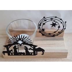 Teelicht Holz/Glas  Krippe/Sterne