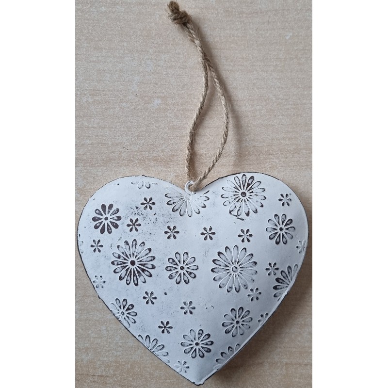 Metall Herz weiss/Blumenmuster