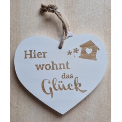 Holz Herz weiss "Hier wohnt das Glück"