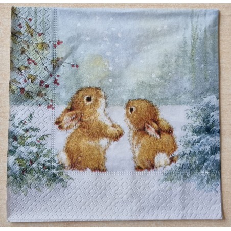 Serviette " Zwei Kaninchen im Schnee "
