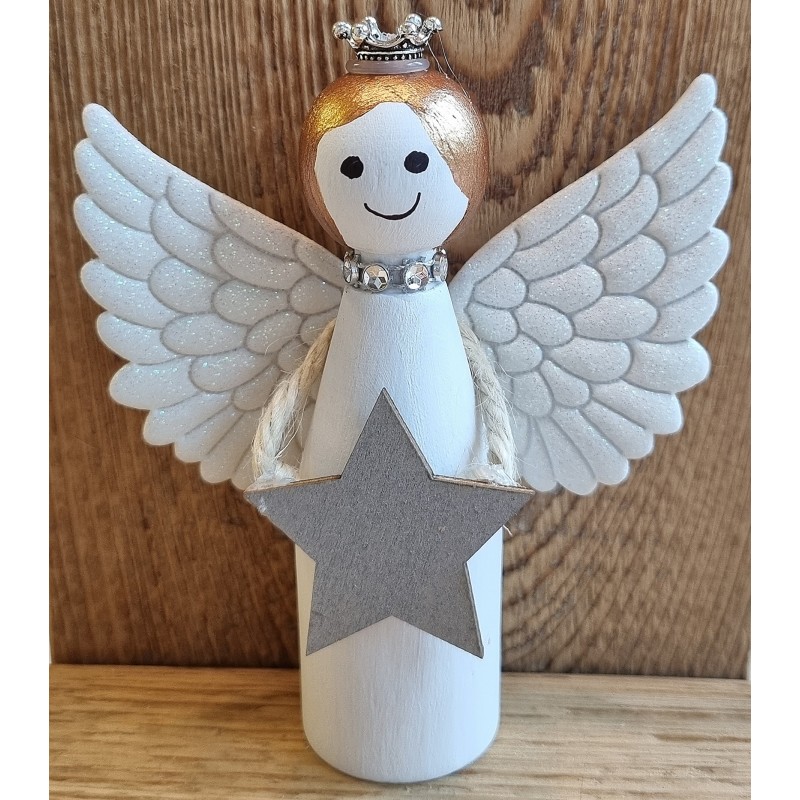 Holz Engel mit Gesicht weiss/silber Stern