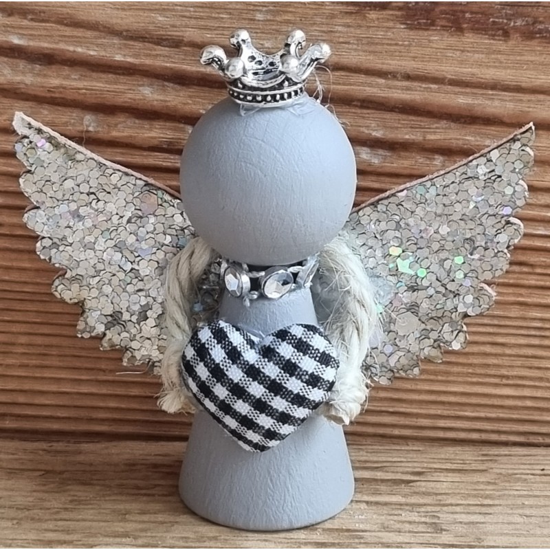 Holz Engel taupe/schwarz Herz/silber