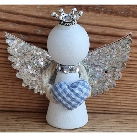 Holz Engel weiss/hellblau Herz/silber