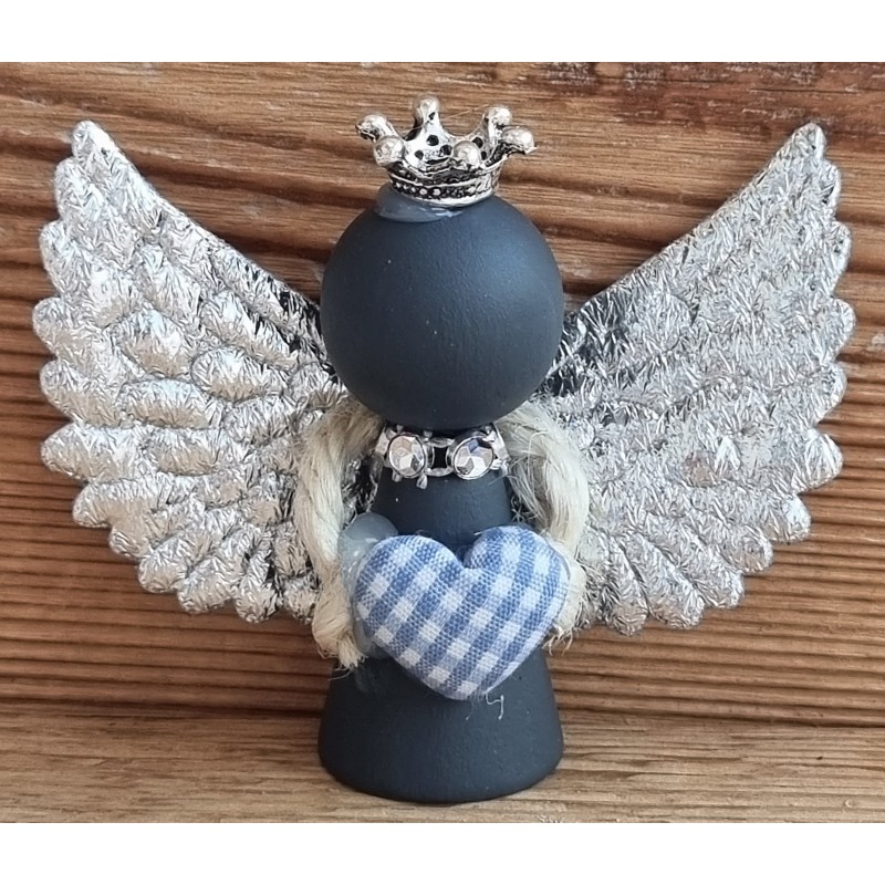 Holz Engel anthrazit/hellblau Herz/silber