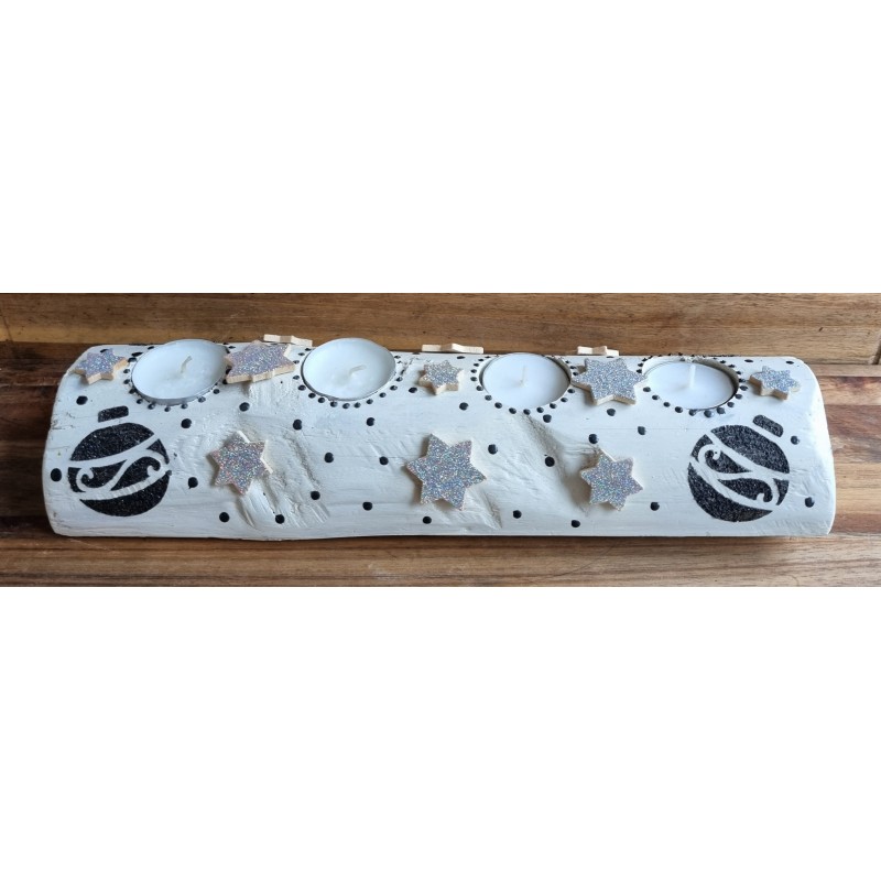Advents Holz mit Teelichtern weiss/schwarz