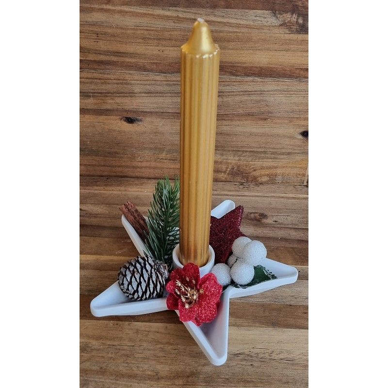 Kerzen-Gesteck gold/rot/stern/blume