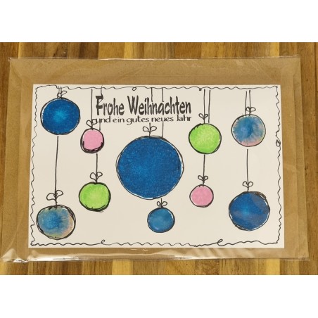 Karte " Weihnachtskugeln " blau/hellgrün/rosa