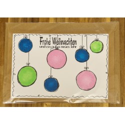 Karte " Weihnachtskugeln " blau/hellgrün/rosa