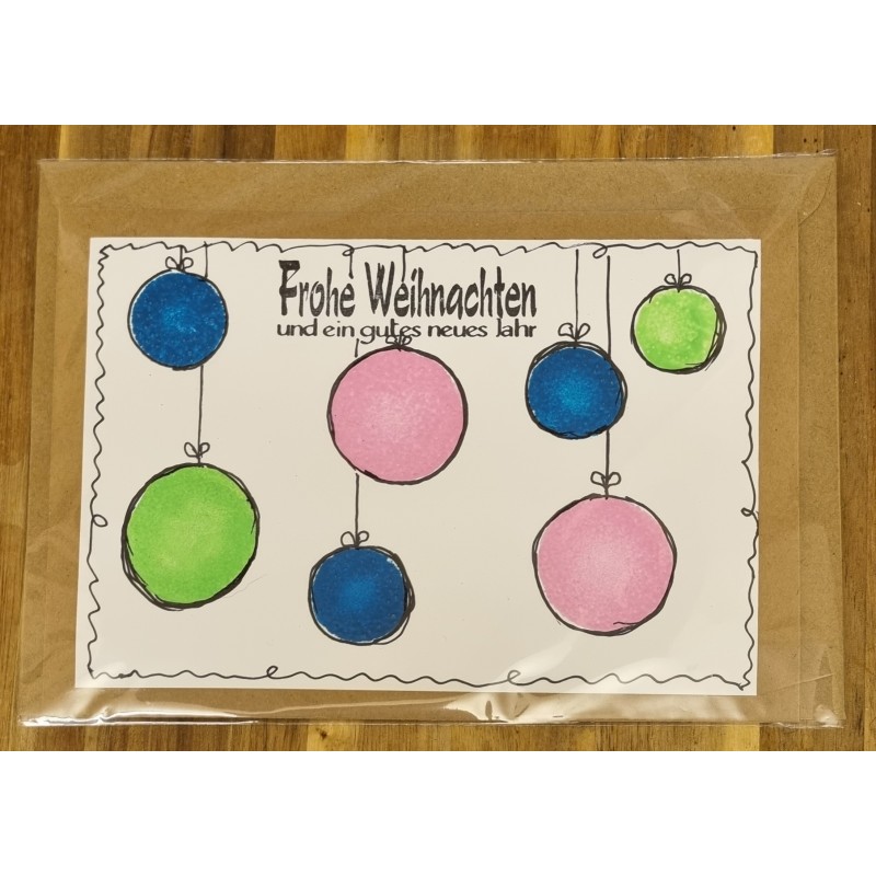 Karte " Weihnachtskugeln " blau/hellgrün/rosa