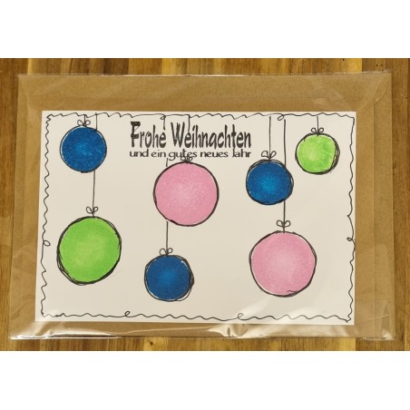 Karte " Weihnachtskugeln " blau/hellgrün/rosa