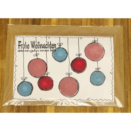 Karte " Weihnachtskugeln " rot/rosa/blau
