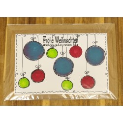 Karte " Weihnachtskugeln " rot/blau/hellgrün