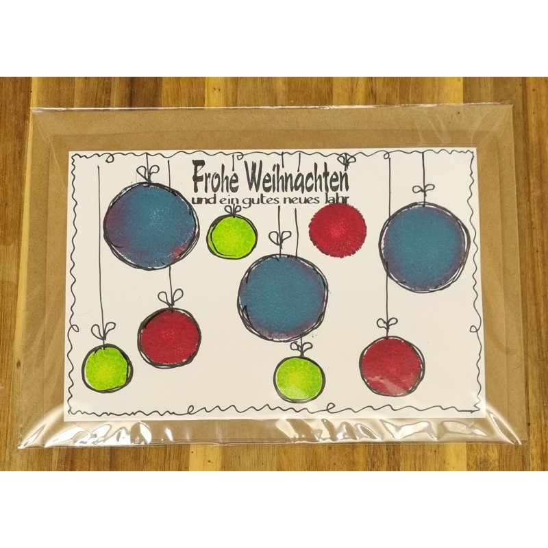 Karte " Weihnachtskugeln " rot/blau/hellgrün