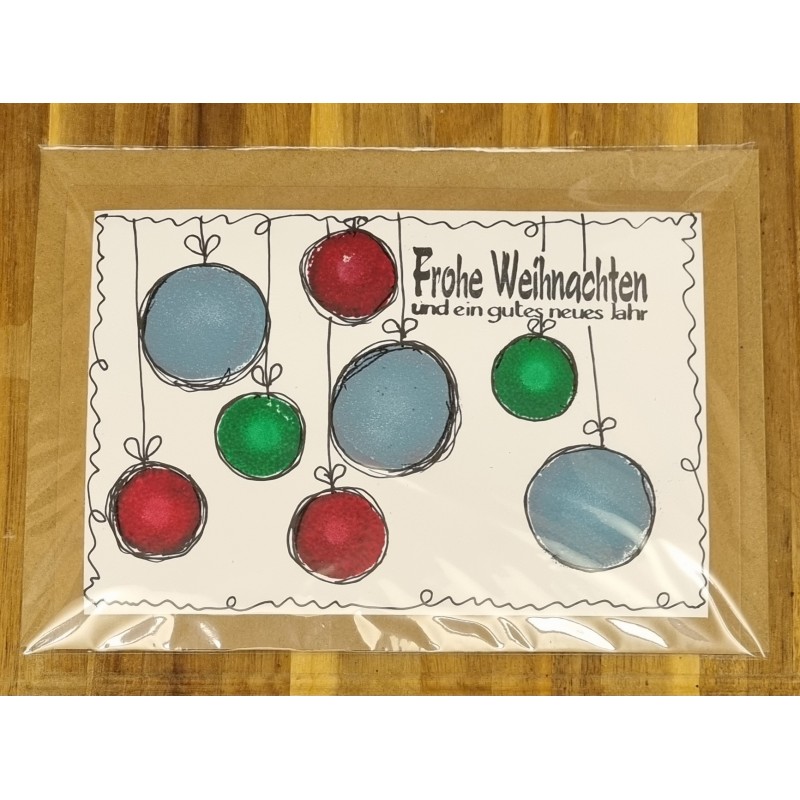 Karte " Weihnachtskugeln " rot/blau/grün