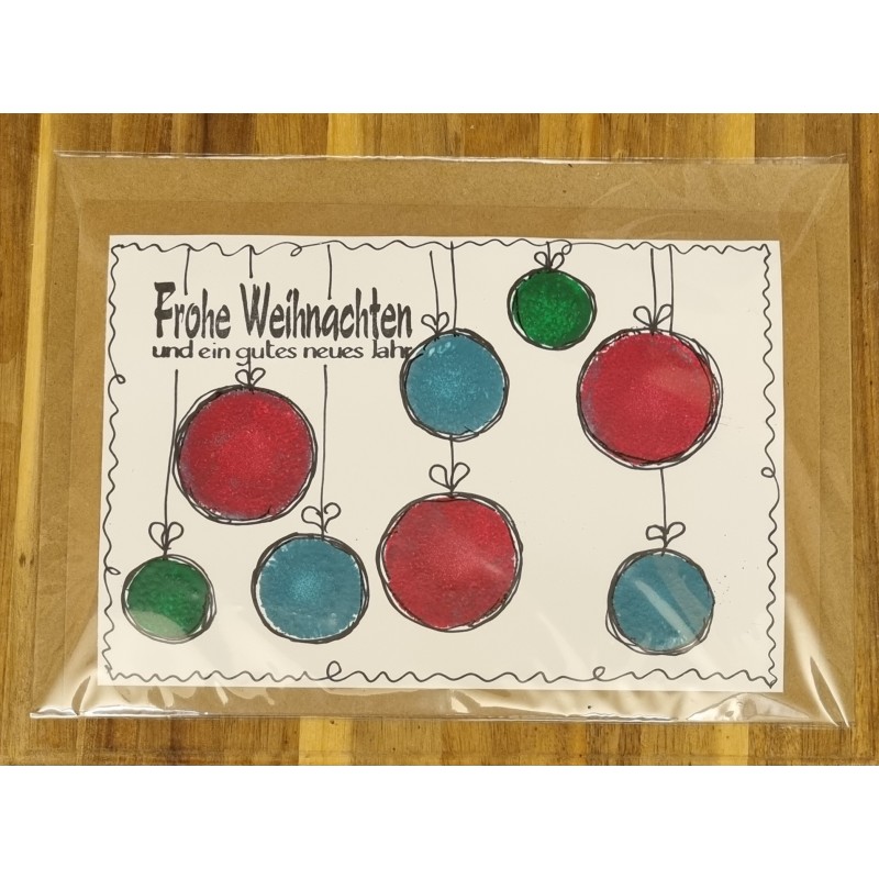 Karte " Weihnachtskugeln " rot/blau/grün