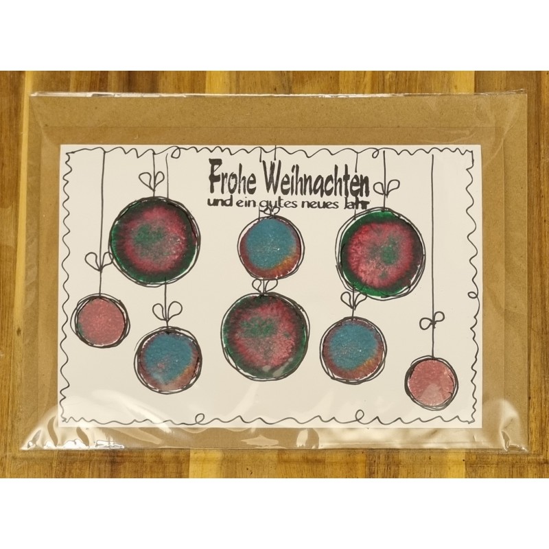 Karte " Weihnachtskugeln " rosa/blau/grün