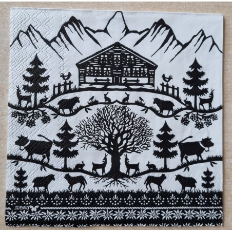 Serviette Scherenschnitt Berge/Hütte/Kühe