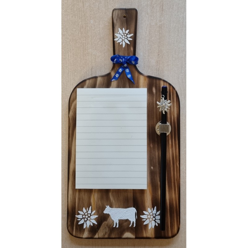 Notizblock mit Bleistift auf Holzbrettchen blau