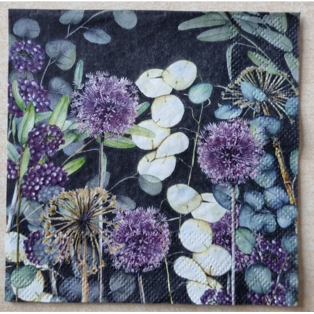 Serviette Blumen schwarz/weiss/violette
