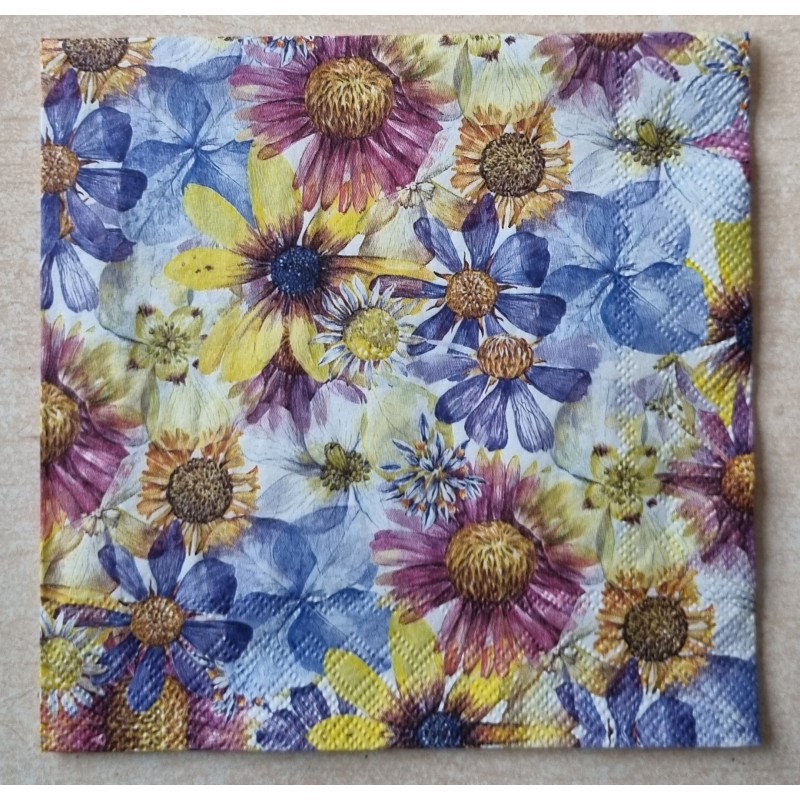 Serviette Blumen weiss/blau/gelb/mauve
