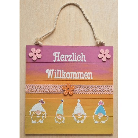 Schild Wichtel "Herzlich Willkommen"  gelb/orange/magenta