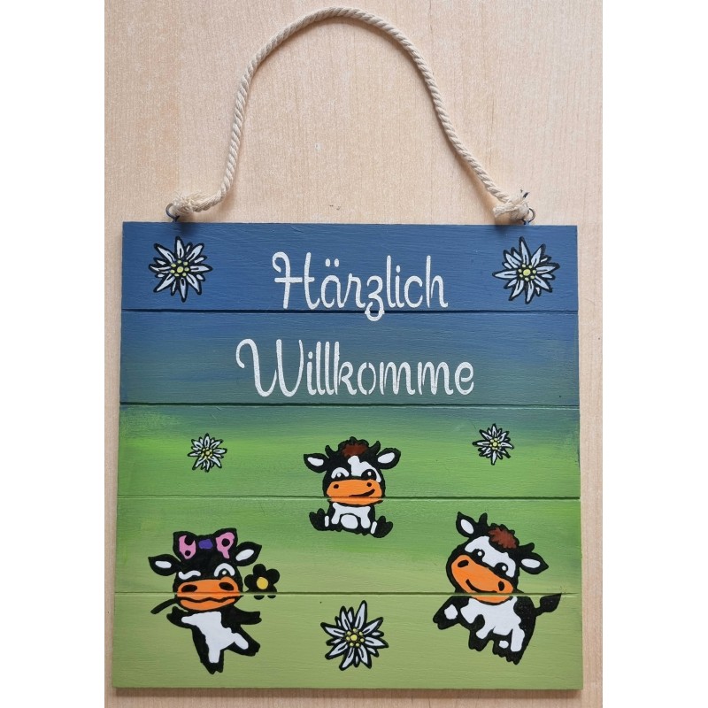 Schild Lustige Kühe "Härzlich Willkomme" grün/blau