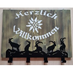 Garderobe Steinböcke geflammt  "Herzlich Willkommen" hellgrün